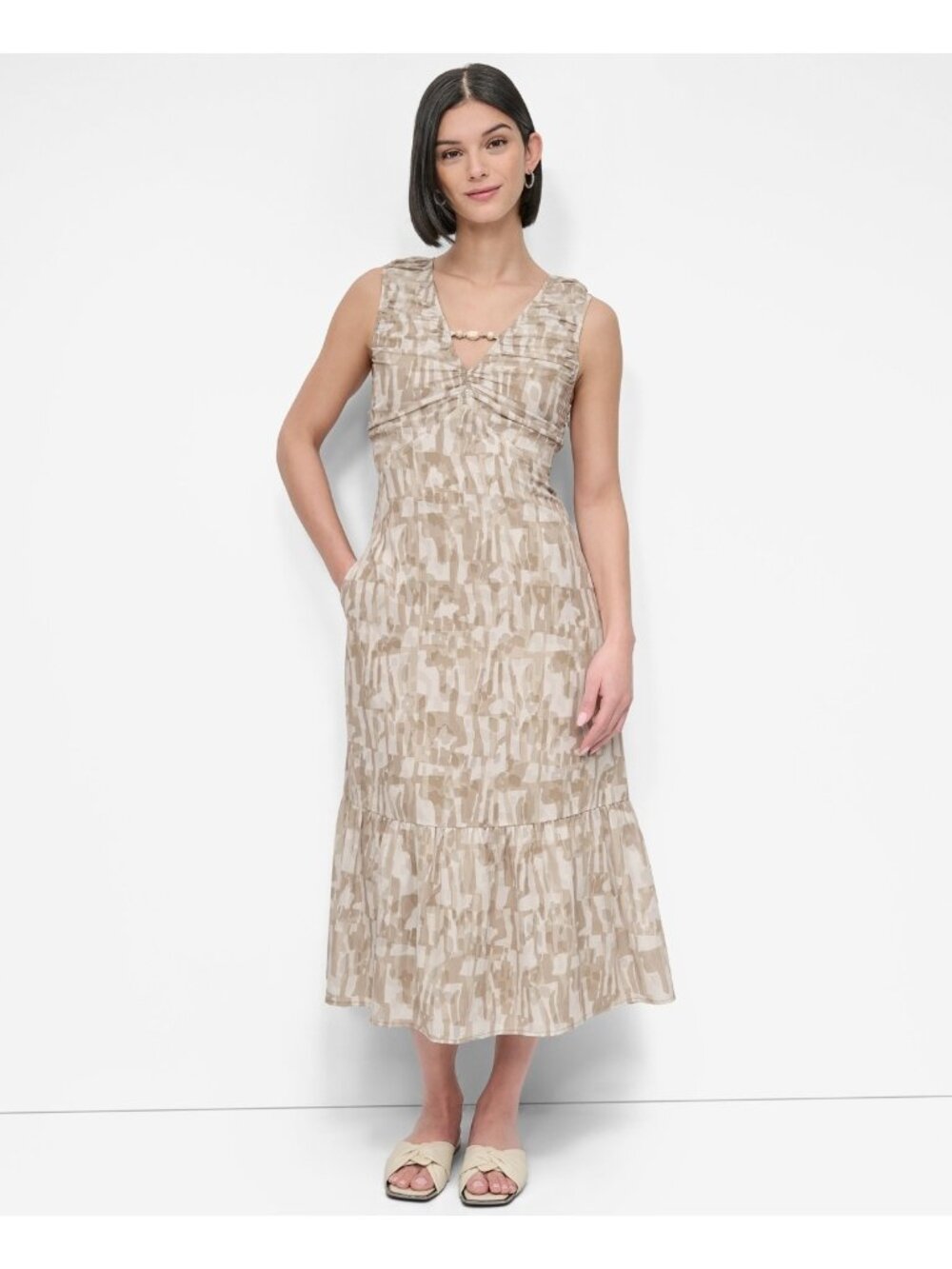 DKNY Women's Polyester City Burnout Beaded-Trim V-Neck Dress Beige Size L $139